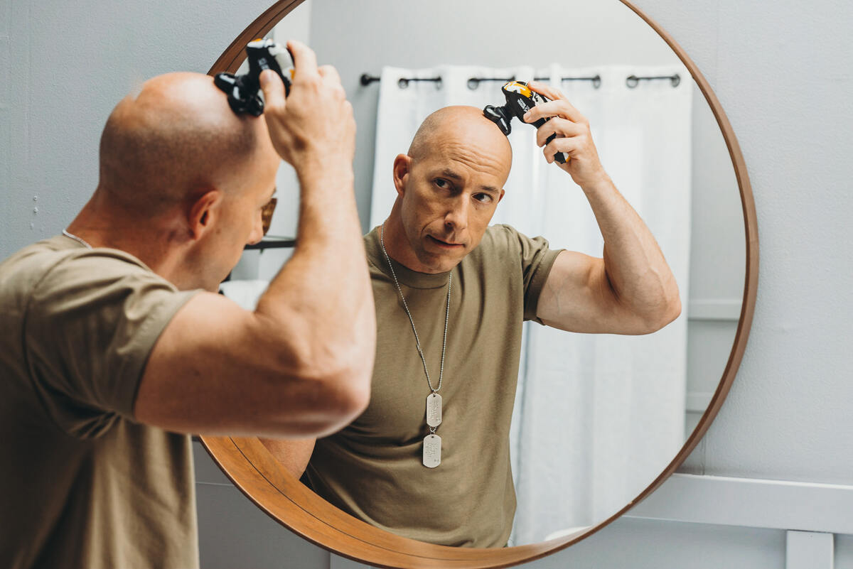 Gary held onto what hair he had for as long as he could, but recently decided to embrace the bald lifestyle. Gary served in the military for 20 years. He has a vision impairment disability from an injury during a tour in Iraq. He’s inspired by The Rock and is trying to channel this confidence for himself through other lifestyle choices—he’s back in the gym, upping his wardrobe game, and investing in self-care.