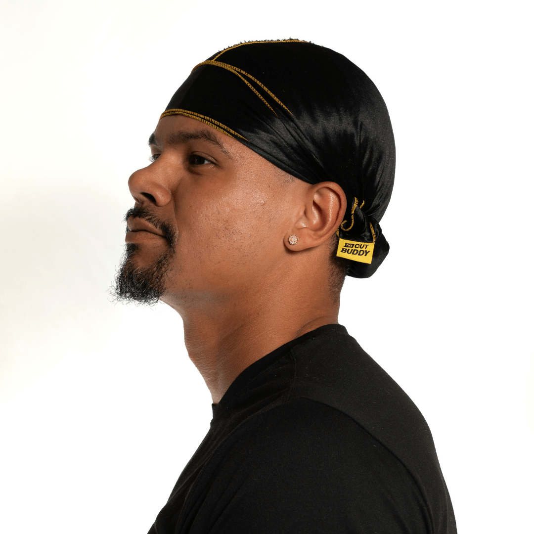 Nick Wavy Collection - Satin Durag (Black Body / Yellow Stitch) - The Cut Buddy - The Cut Buddy