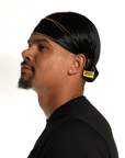 Nick Wavy Collection - Satin Durag (Black Body / Yellow Stitch) - The Cut Buddy - The Cut Buddy
