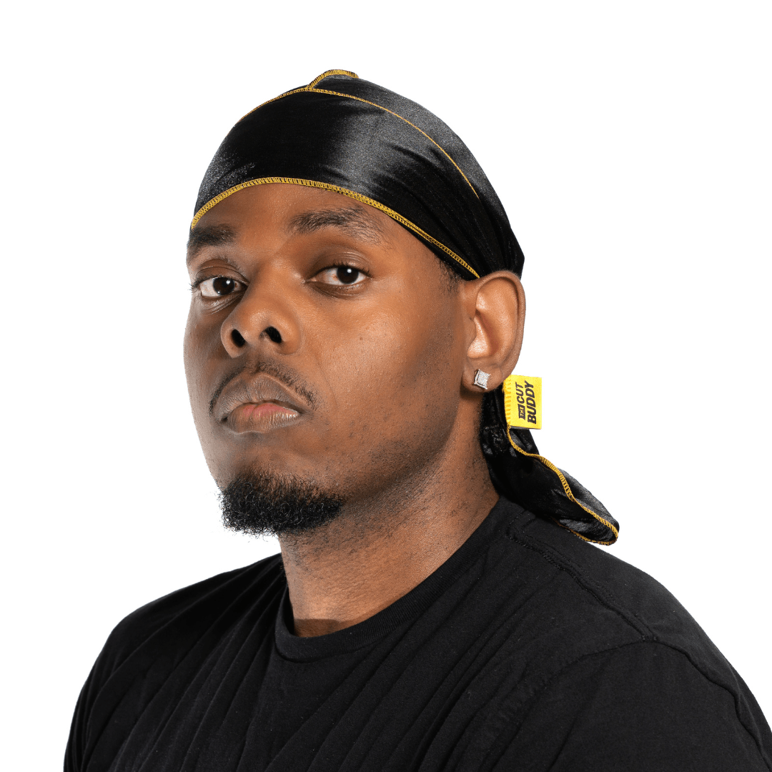 Nick Wavy Collection - Satin Durag (Black Body / Yellow Stitch) - The Cut Buddy - The Cut Buddy