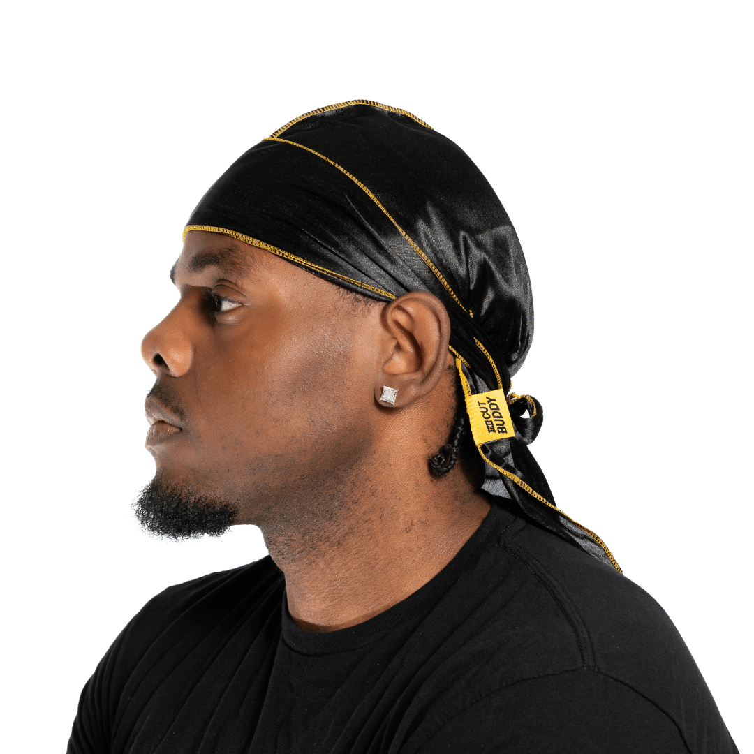 Nick Wavy Collection - Satin Durag (Black Body / Yellow Stitch) - The Cut Buddy - The Cut Buddy