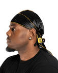 Nick Wavy Collection - Satin Durag (Black Body / Yellow Stitch) - The Cut Buddy - The Cut Buddy