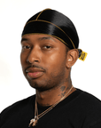 Nick Wavy Collection - Satin Durag (Black Body / Yellow Stitch) - The Cut Buddy - The Cut Buddy