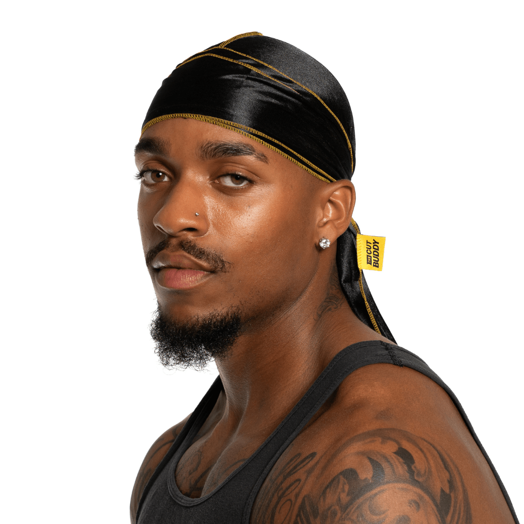 Nick Wavy Collection - Satin Durag (Black Body / Yellow Stitch) - The Cut Buddy - The Cut Buddy