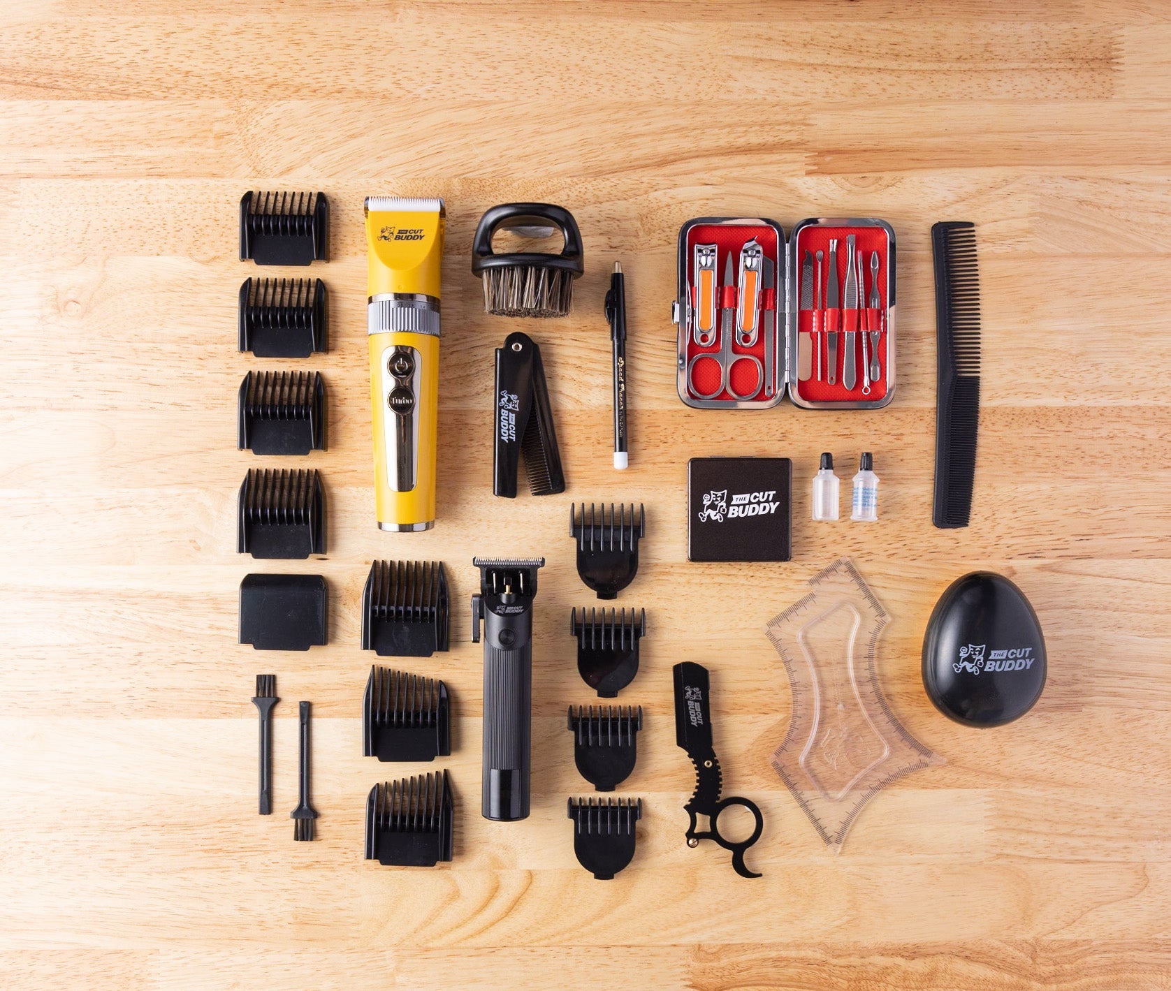 35 piece all inclusive home trimming and clipper kit from Cut Buddy displayed on wooden surface