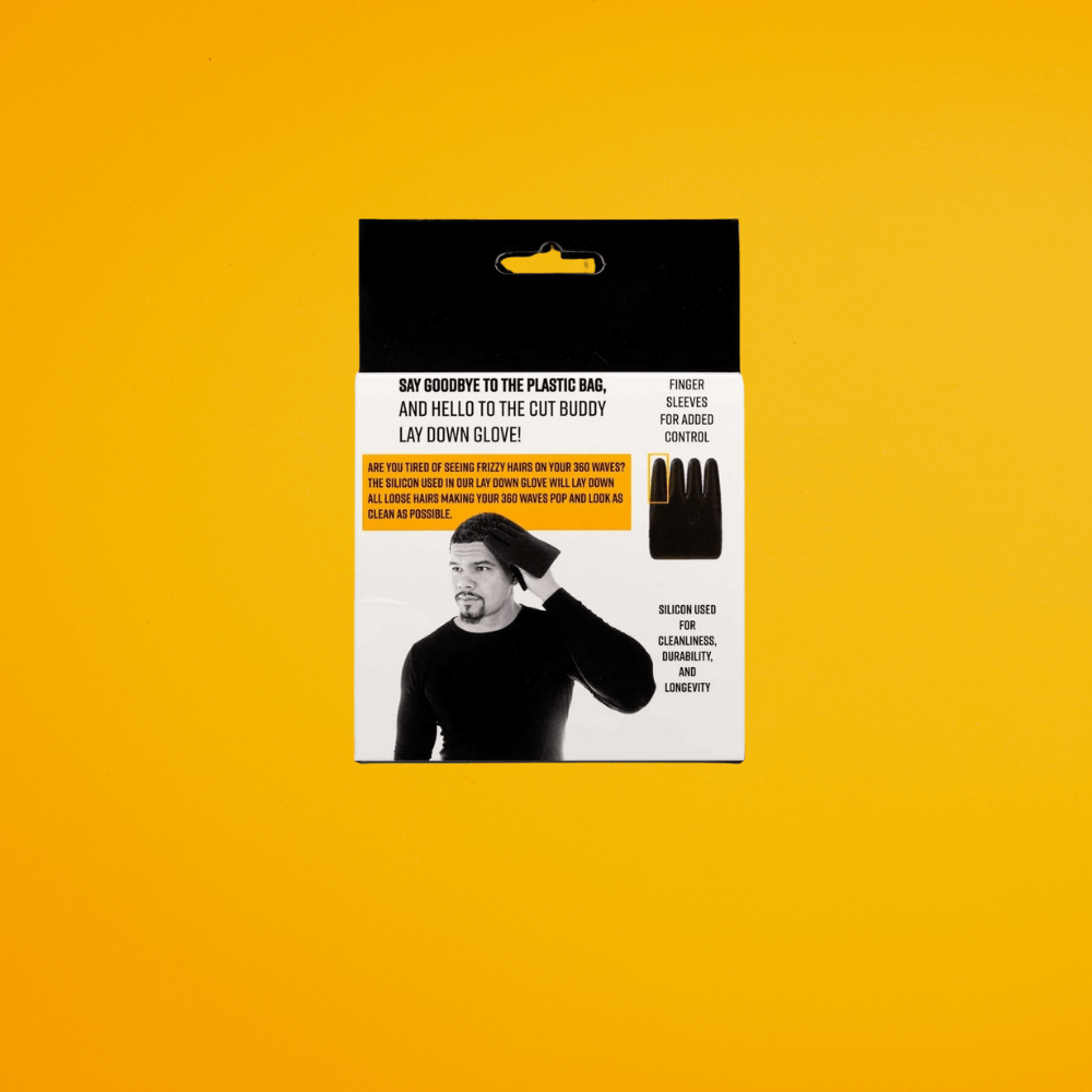 Back of packaging detailing the benefits of the silicone lay down glove for frizz reduction and shine.