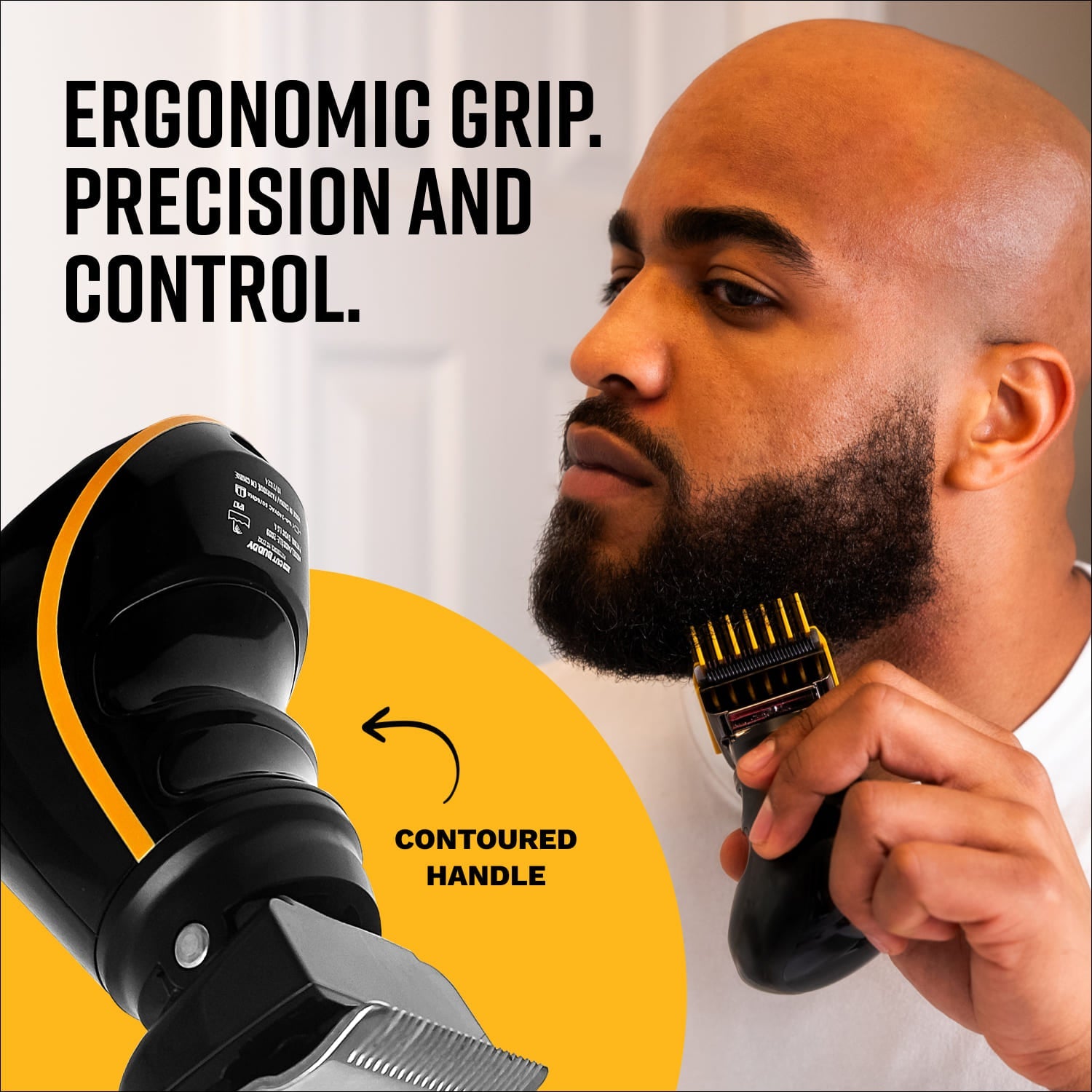 Man using the Buzz Buddy Contoured Handle Clipper for precision beard trimming, demonstrating the ergonomic grip and control for a professional cut at home.