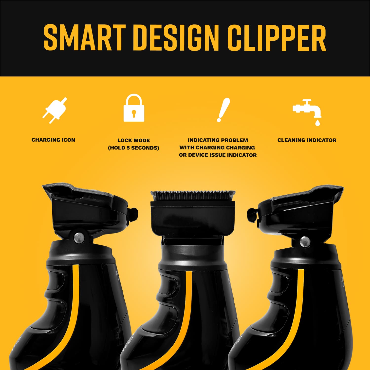 Smart Design features of the Buzz Buddy ergonomic clipper, showing the fully rotating head in three angles, along with indicators for charging, lock mode, and IPX7 waterproof cleaning. 