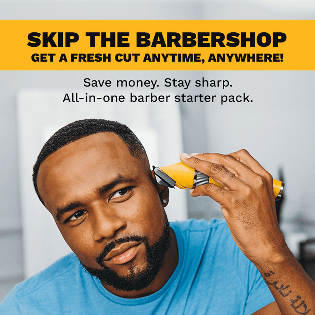 A man using The Cut Buddy cordless clippers to give himself a fresh fade at home, promoting the all-in-one barber starter pack.