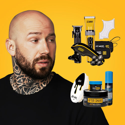A bald man with a beard alongside the Bald Buddy rotary head shaver, clippers, beard stencil, and after-shave butter and bump treatment.