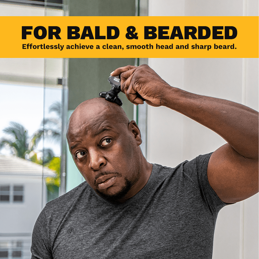 A man using the Bald Buddy rotary shaver on his head to achieve a smooth look. Text overlay: For Bald and Bearded, effortlessly achieve a clean smooth head and sharp beard.