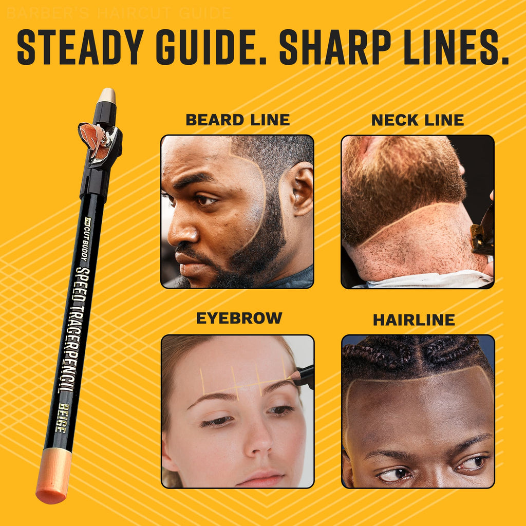 An infographic titled 'STEADY GUIDE. SHARP LINES.' showing the Speed Tracer Pencil used for defining beard lines, neck lines, eyebrows, and hairlines.