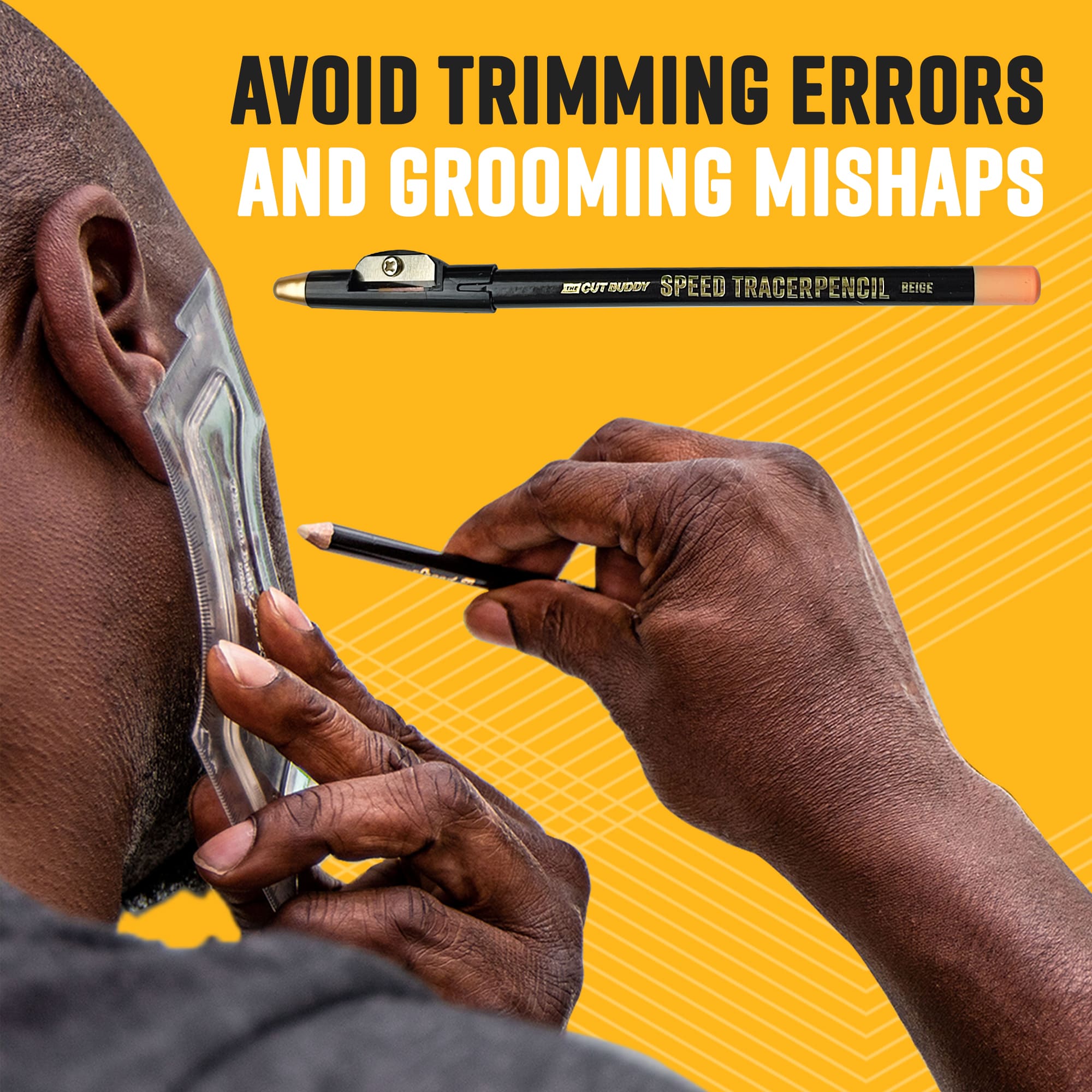 A man using a The Cut Buddy Speed Tracer Pencil and a shaping template to map his hairline, with text advising how to avoid trimming errors.