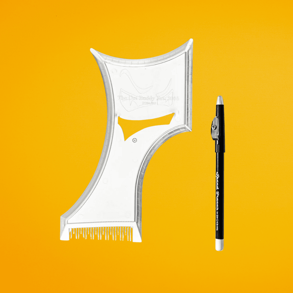 The Cut Buddy clear beard shaping template tool with an integrated comb next to a Speed Tracer Pencil on a yellow background.