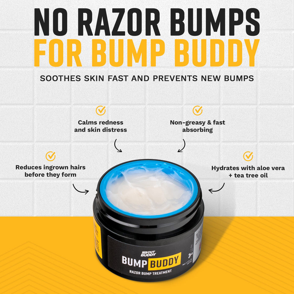 Bump Buddy razor bump treatment jar showing benefits: calms redness, reduces ingrown hairs, and hydrates with aloe vera.