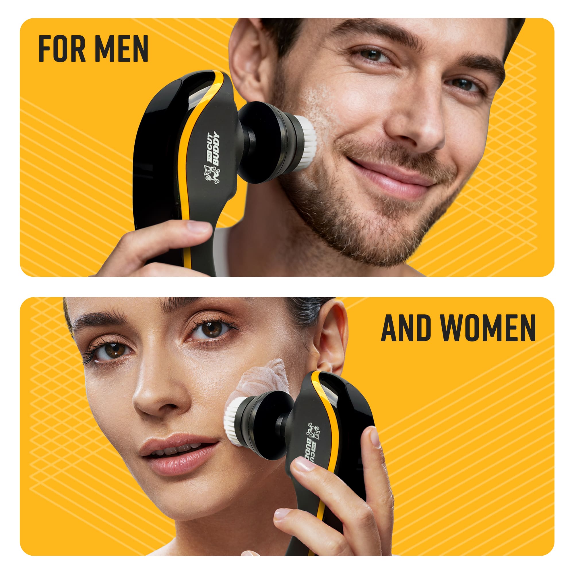 Lifestyle shots demonstrating the facial cleansing brush being used by both men and women for skin care.