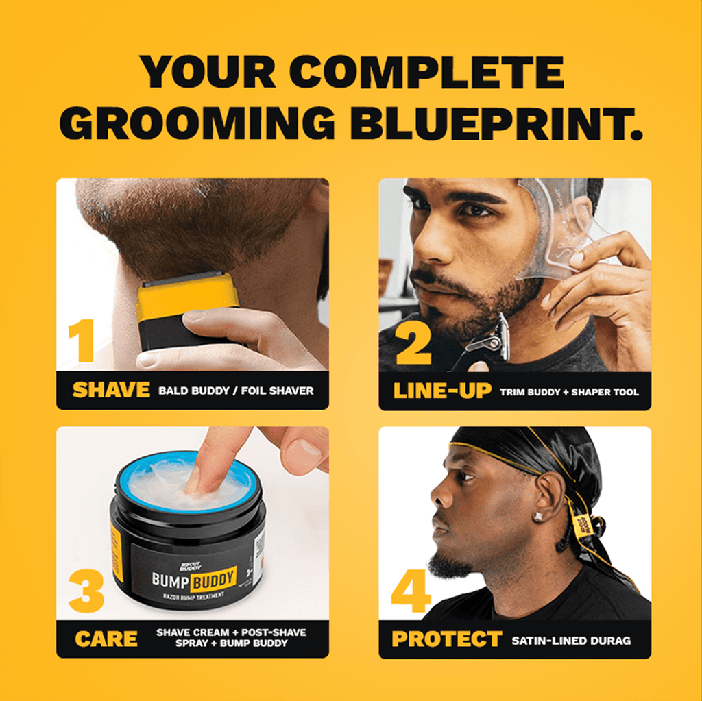 Four-step grooming routine: 1. Shave with Bald Buddy or foil shaver, 2. Line-up with Trim Buddy and shaper tool, 3. Care with shave cream, itch spray, and Bump Buddy, 4. Protect with satin-lined durag.