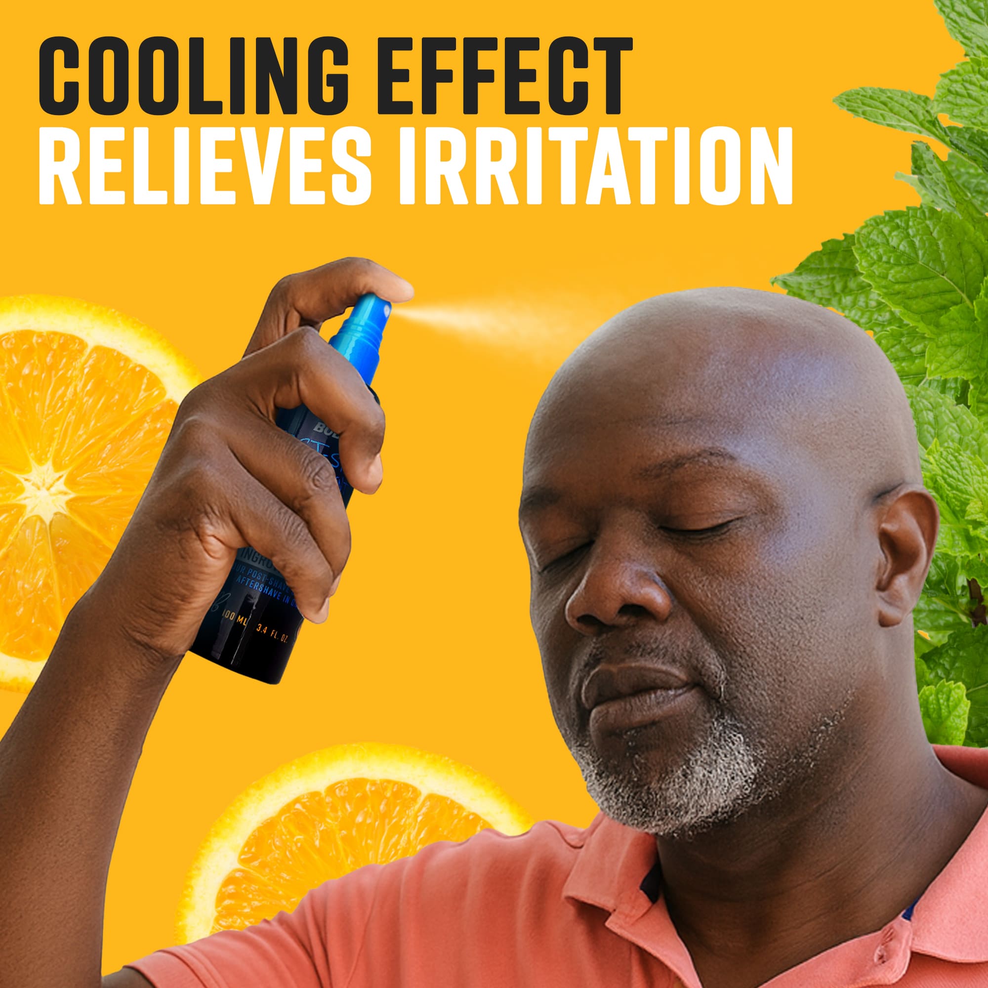Action shot of a man enjoying the cooling relief of the post-shave spray after grooming.