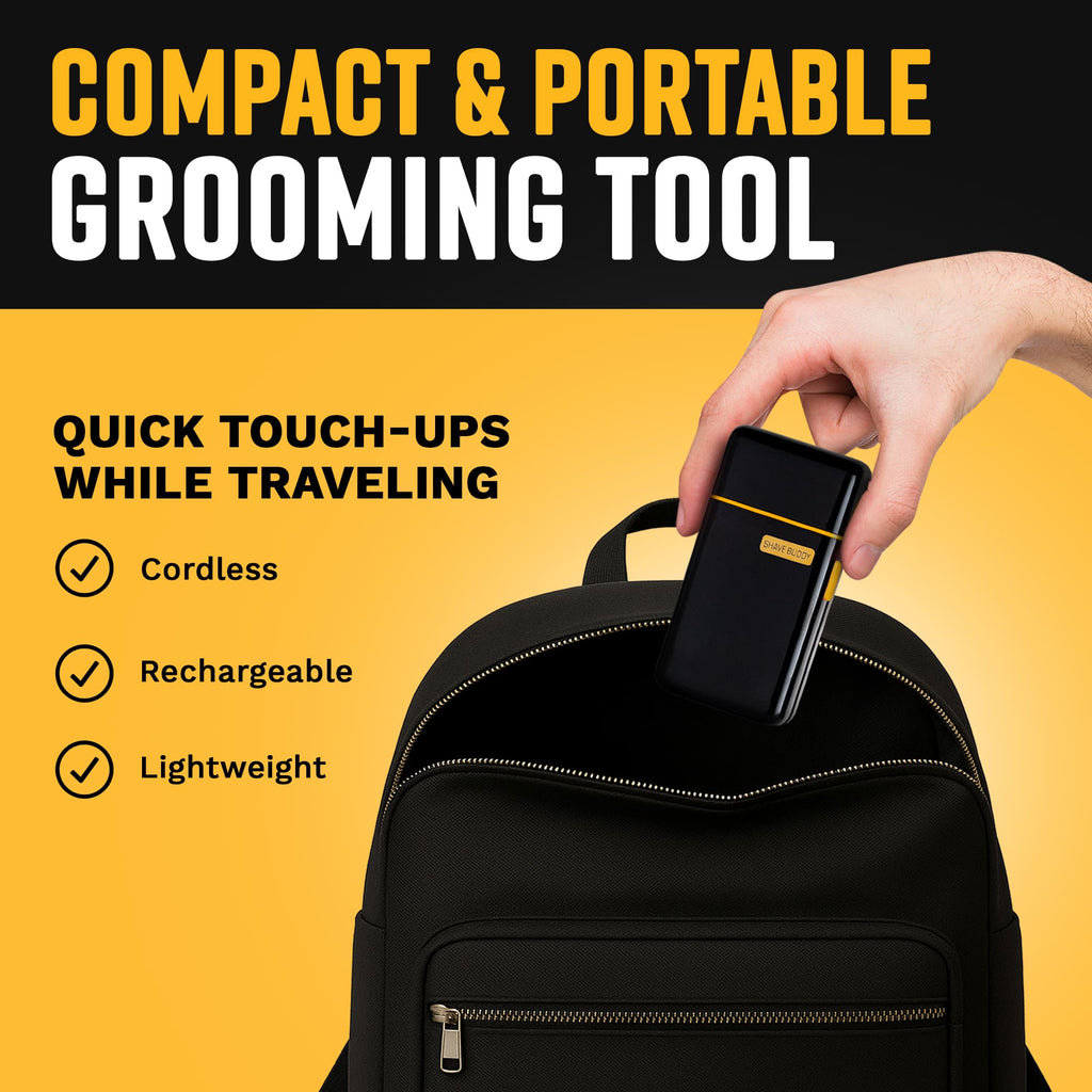 Ergonomic demonstration of a cordless, lightweight electric shaver being stored in a backpack for travel-ready grooming.