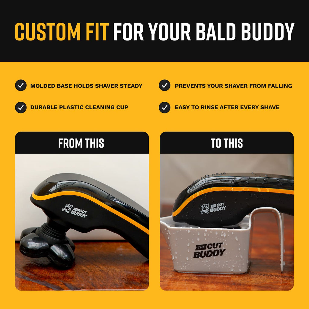 Custom-fit electric bald shaver stand holding a head shaver securely to prevent slipping and falling after shaving