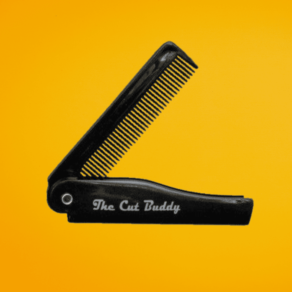 The Cut Buddy signature foldable grooming comb designed for travel and precise hair styling maintenance