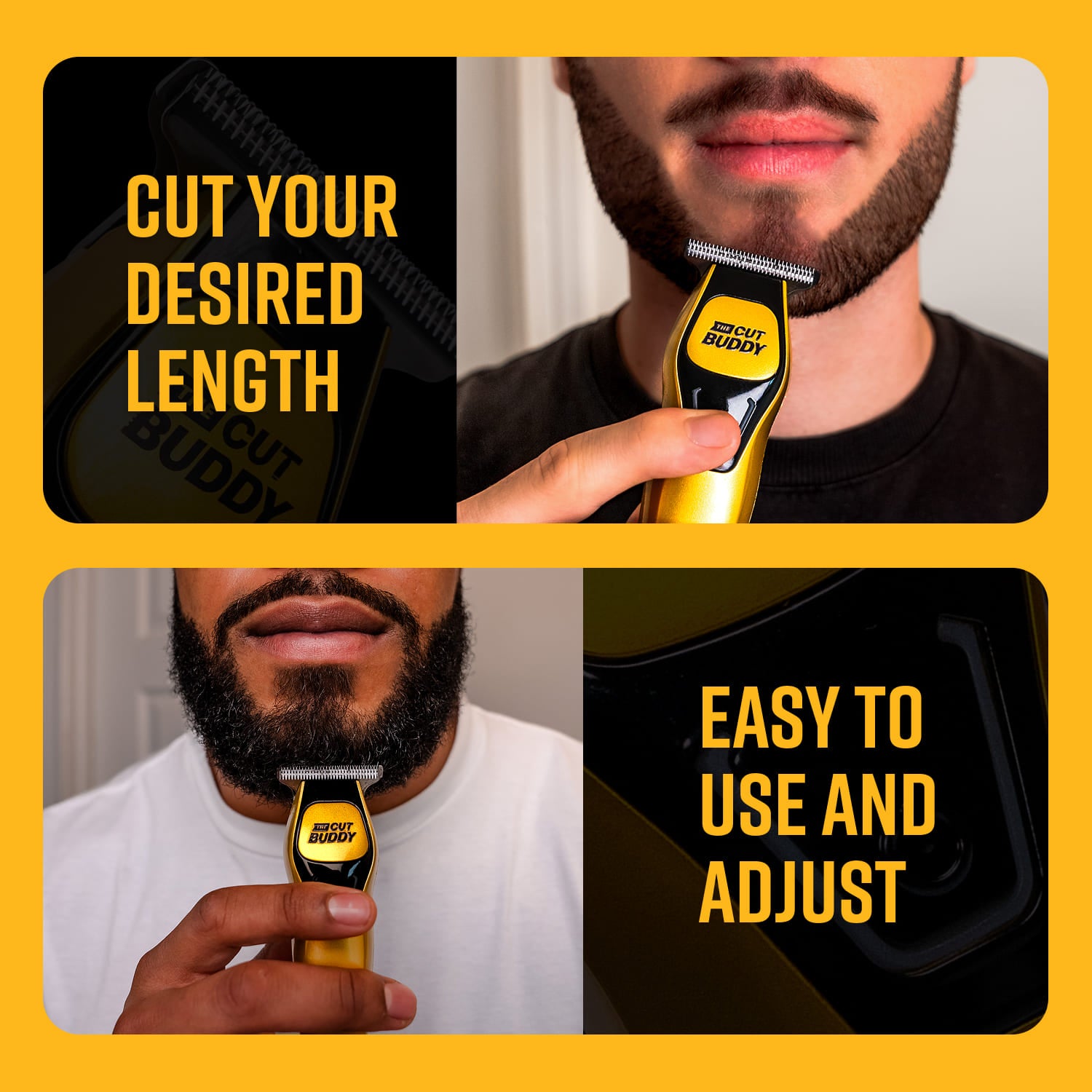 A collection of Cut Buddy care products including Shave Cream for hydration, Itch Spray to soothe the scalp, Bump Buddy to eliminate razor bumps, and a Satin-Lined Durag to protect smooth shine.