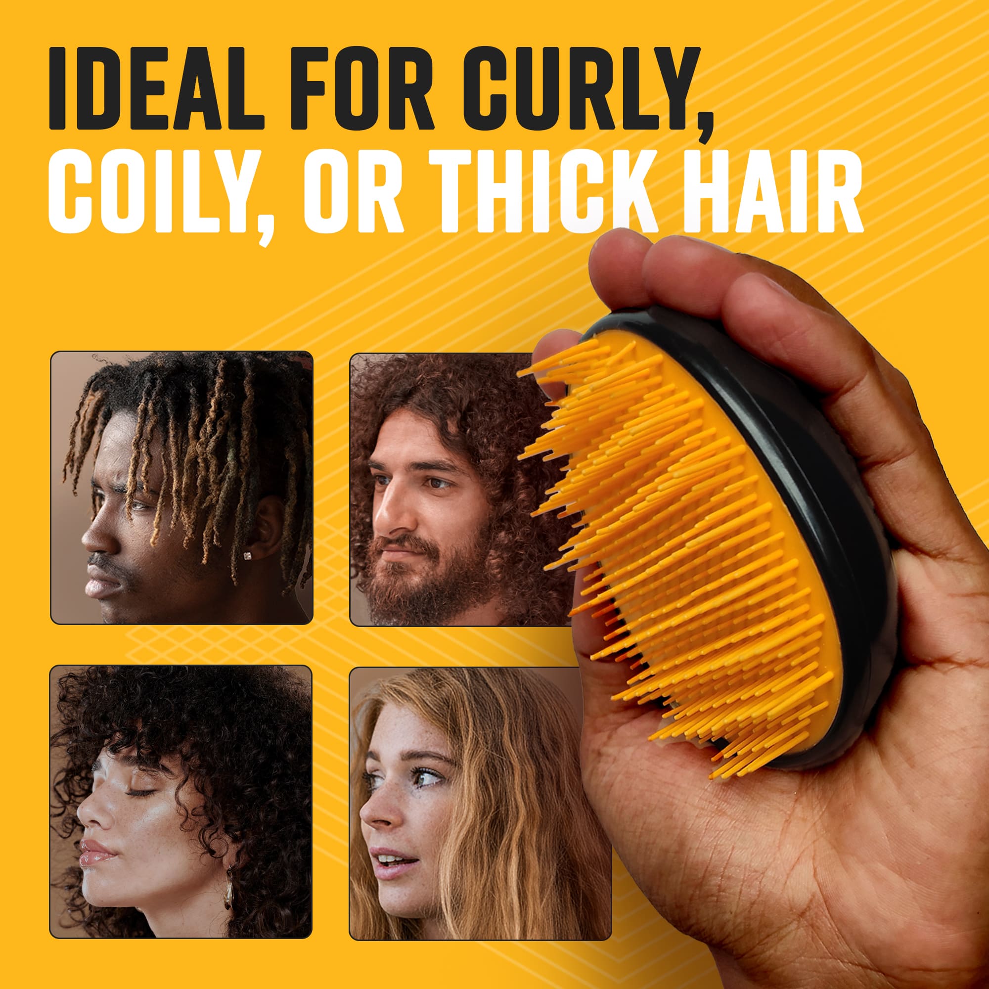 Hand holding an orange detangling brush next to a collage showing four people with diverse curly, coily, and thick hair textures.
