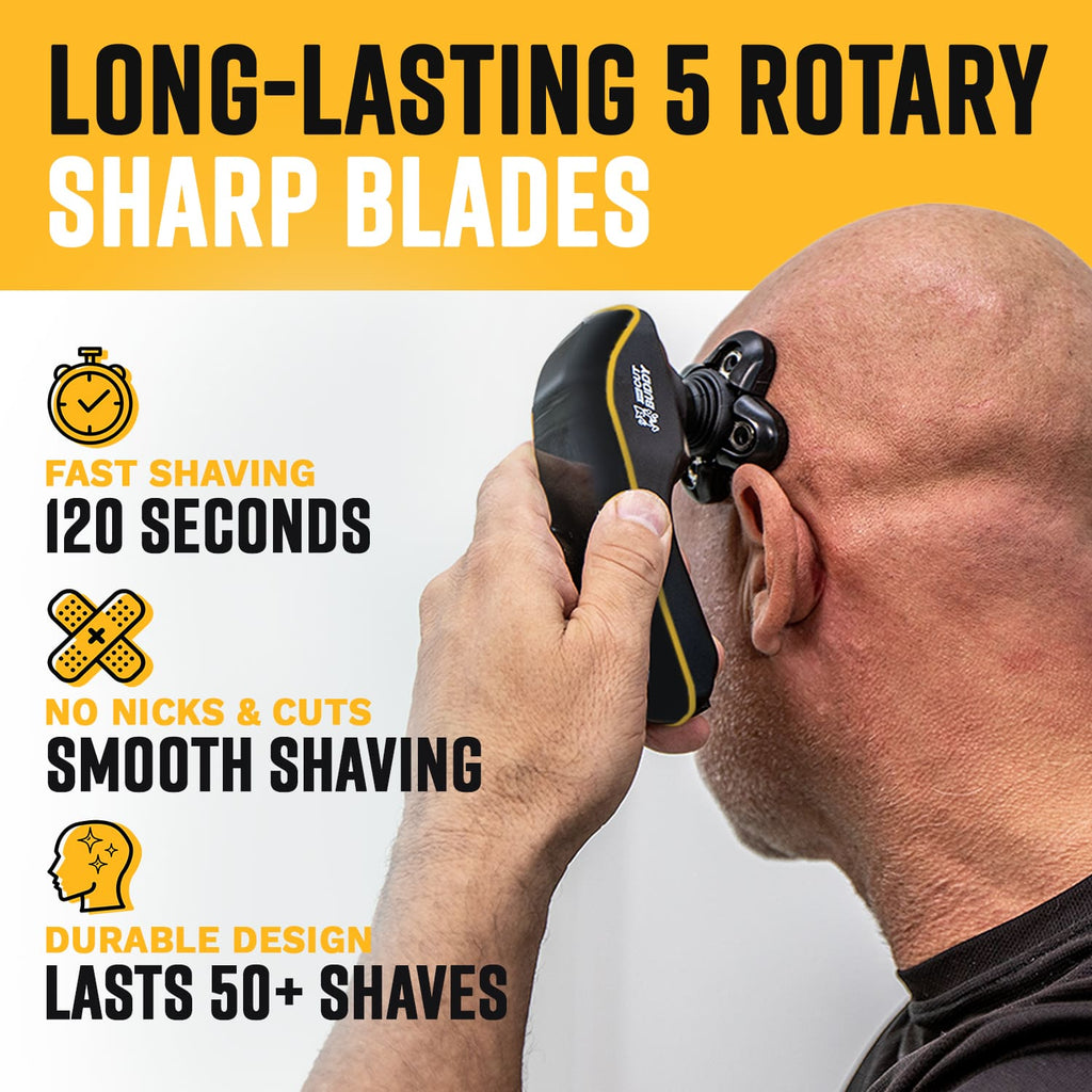 Durable 5-head rotary shaver design from The Cut Buddy that lasts for over 50 shaves.