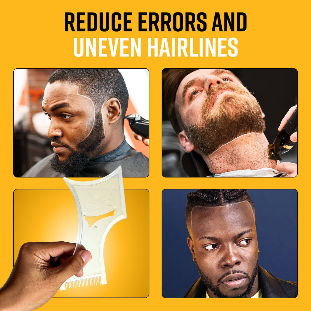 grooming-outcome-guide.webp	A 4-panel collage titled 'REDUCE ERRORS AND UNEVEN HAIRLINES' showing professional-grade results on beard lines, necklines, and hairlines using a shaping template.