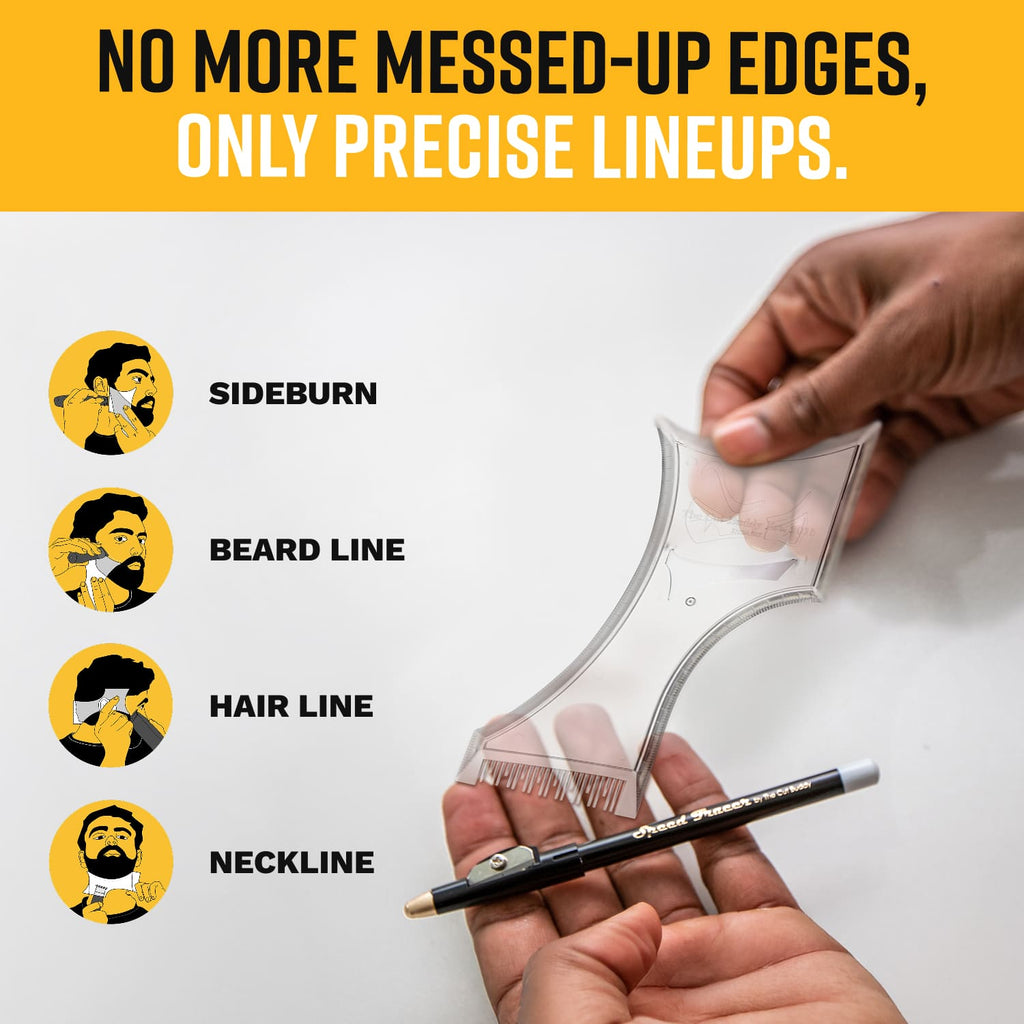 Infographic titled 'STEADY GUIDE. SHARP LINES.' demonstrating Speed Tracer Pencil use on beard lines, necklines, eyebrows, and hairlines.