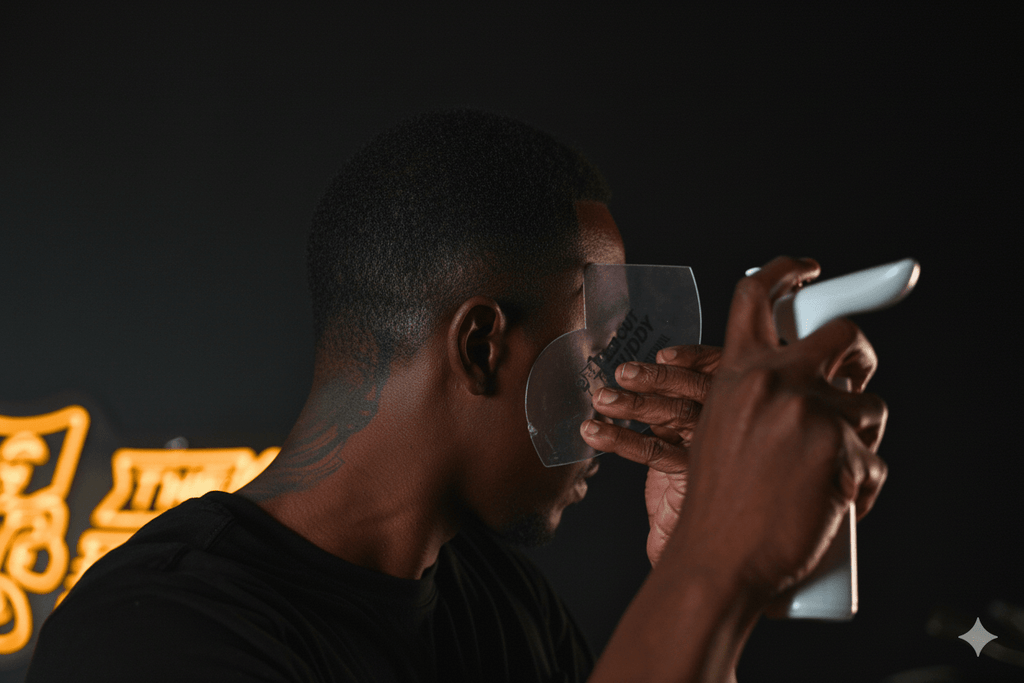 Action shot demonstrating the use of the enhancement stencil for professional-grade hairline detailing.