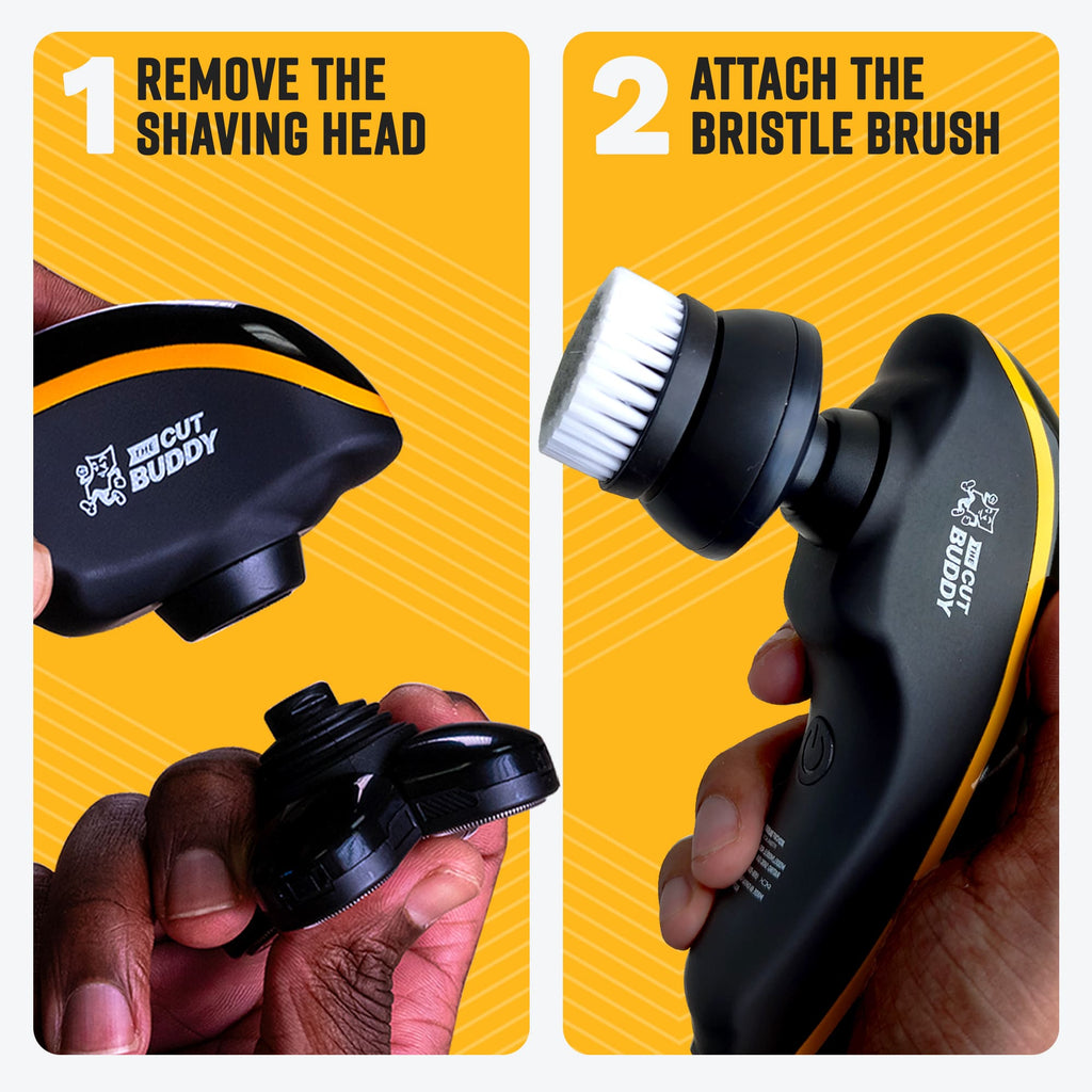 Two-step guide showing how to remove the shaving head and attach the bristle brush for skin prep.