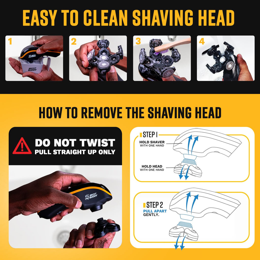 Four-step guide showing how to rinse and brush a 5-head rotary shaver for optimal hygiene.
