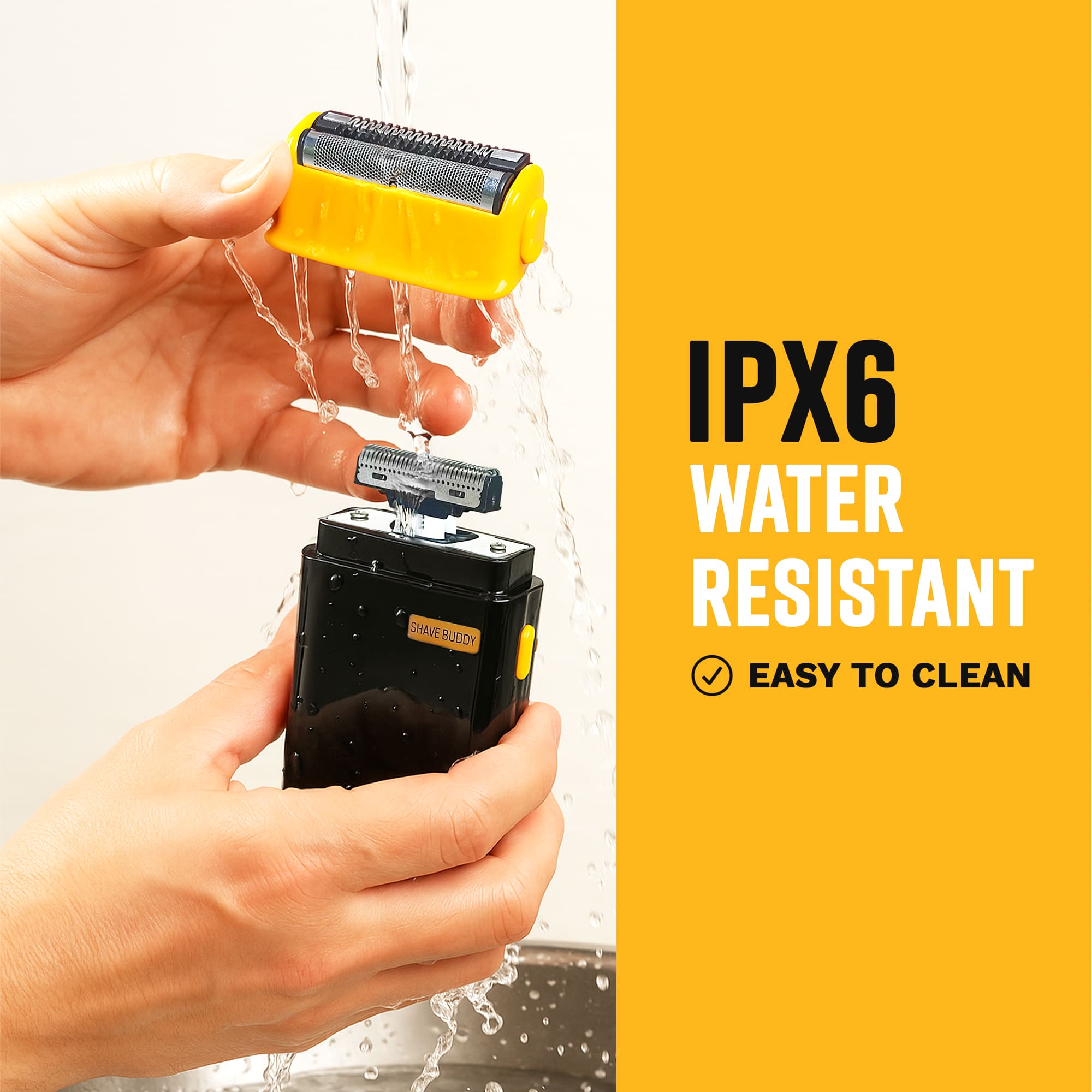 Hands rinsing an IPX6 water-resistant electric foil shaver under running water, demonstrating how easy it is to clean the grooming tool.