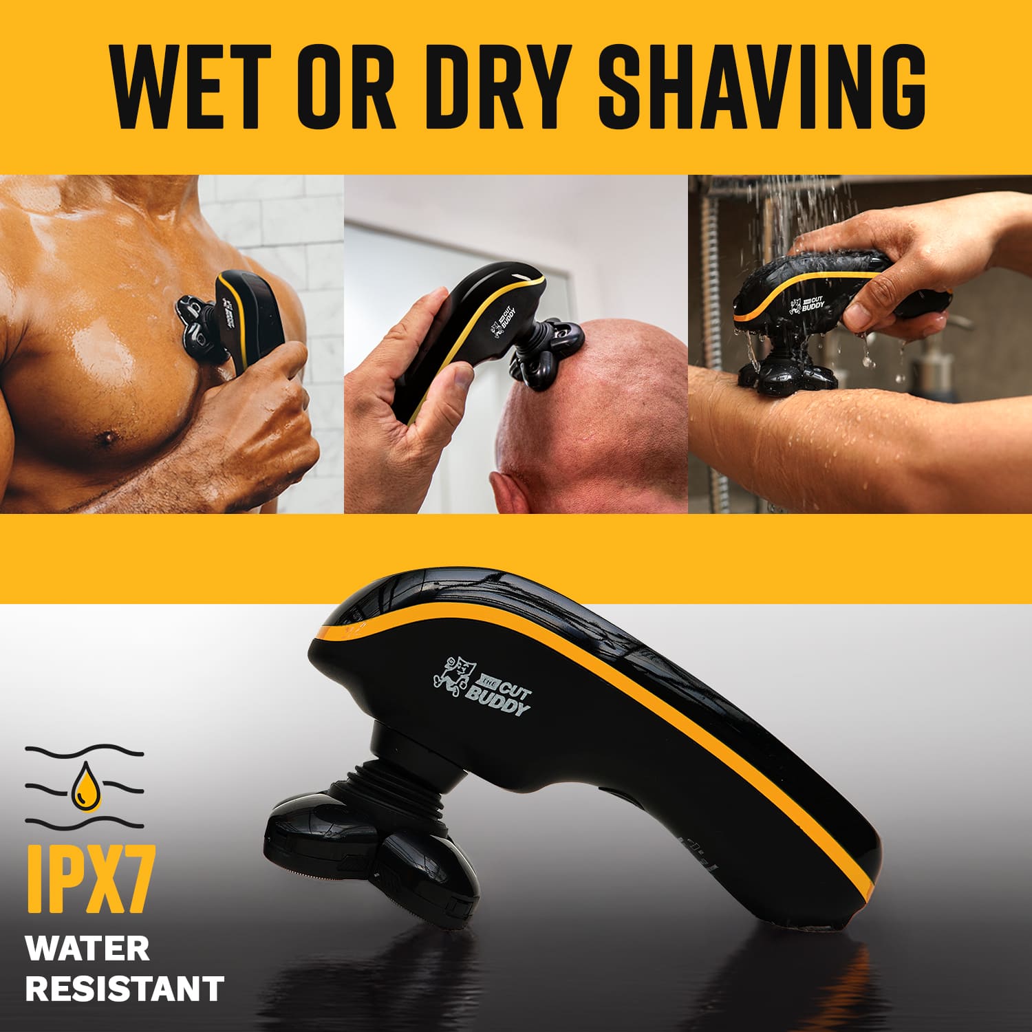 IPX7 water-resistant bald head shaver by The Cut Buddy suitable for both wet and dry grooming.