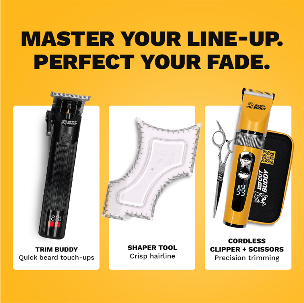 Barber-grade precision tools: Trim Buddy for quick beard touch-ups, Shaper Tool for a crisp hairline, and cordless clipper with scissors for precision trimming.