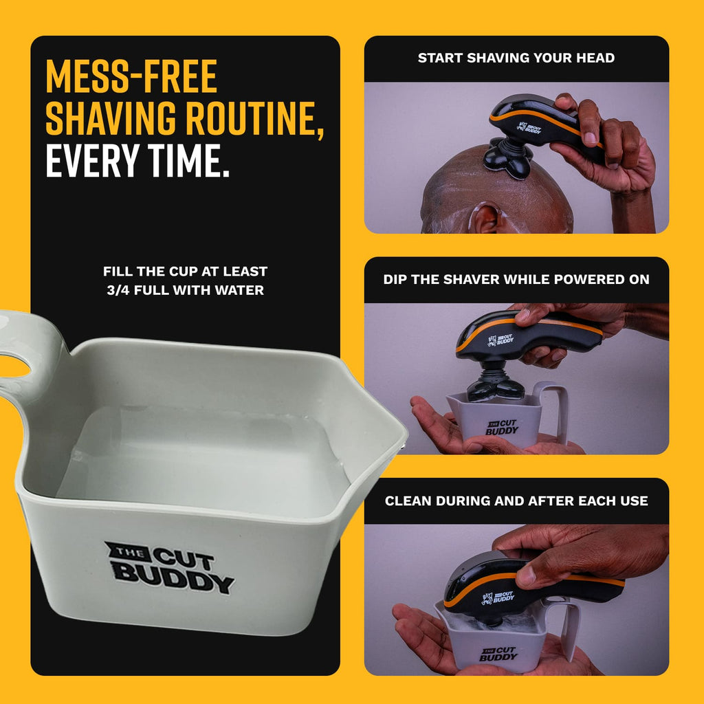Mess-free bald shaving routine using an electric head shaver with a water-filled cleaning cup for easy rinsing during and after use
