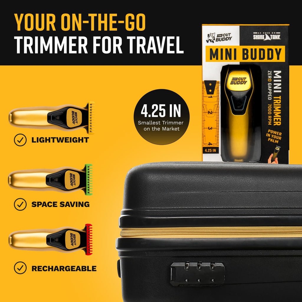 The Mini Buddy, at 4.25 inches, is the smallest trimmer on the market, featuring a lightweight, space-saving, and rechargeable design ideal for on-the-go travel.