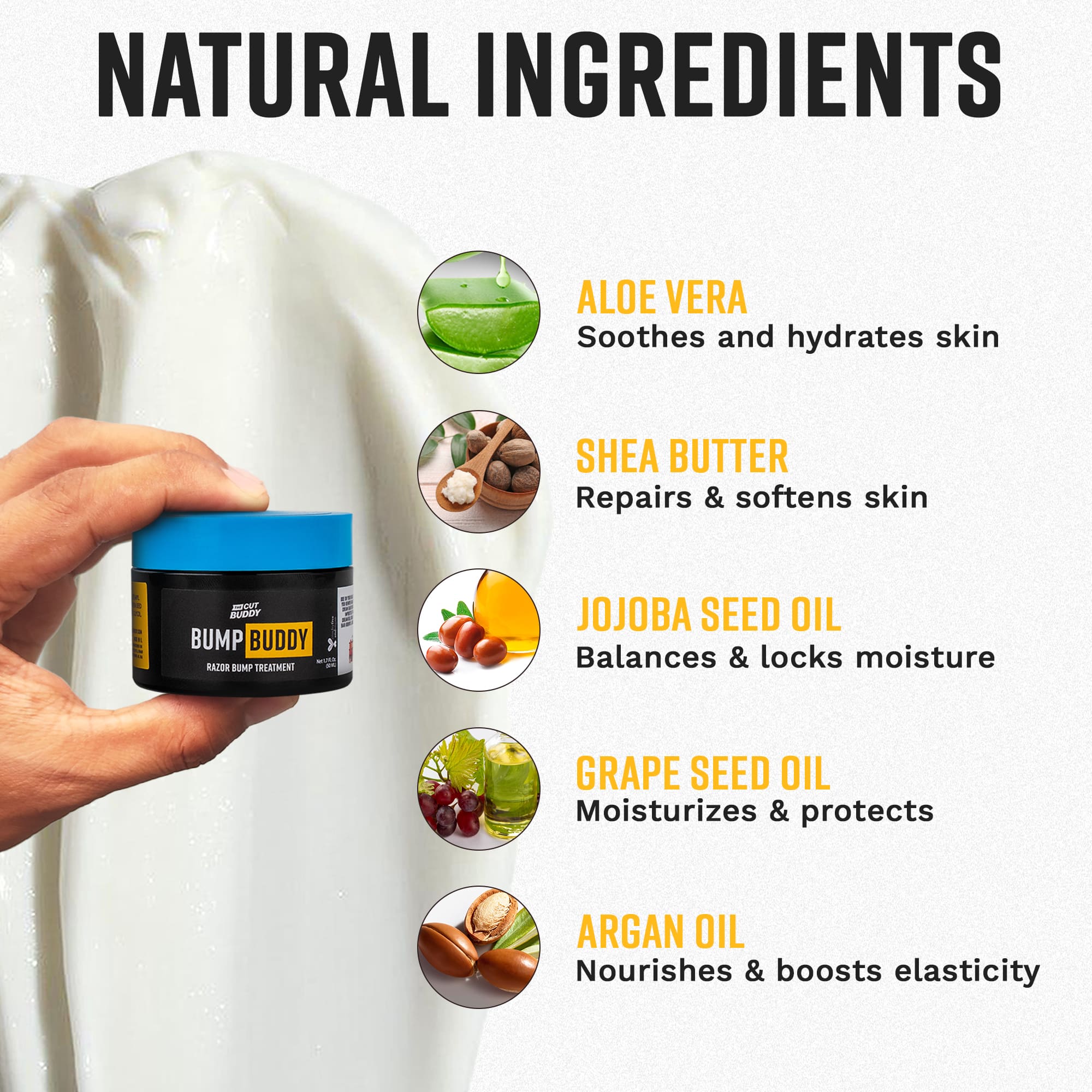 Bump Buddy natural ingredients breakdown: Aloe Vera for hydration, Shea Butter for repair, Jojoba Seed Oil, Grape Seed Oil, and Argan Oil
