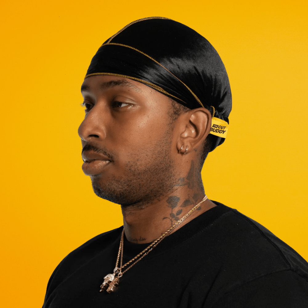 Nick Wavy Collection - Satin Durag (Black Body / Yellow Stitch) - The Cut Buddy - The Cut Buddy