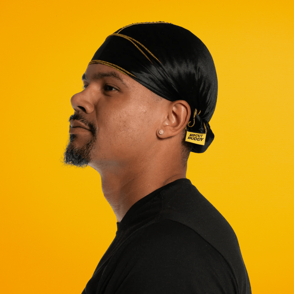 Nick Wavy Collection - Satin Durag (Black Body / Yellow Stitch) - The Cut Buddy - The Cut Buddy