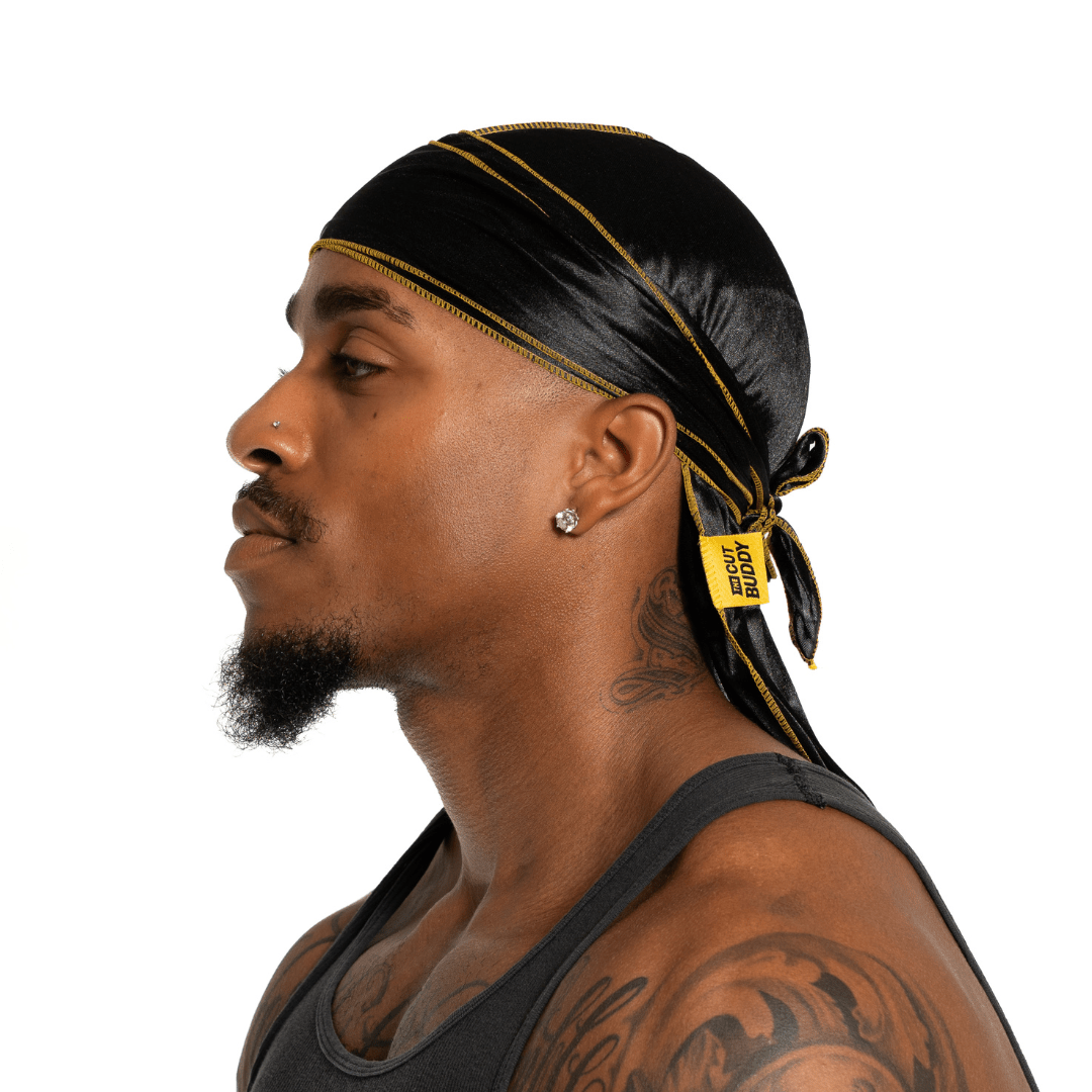 Nick Wavy Collection - Satin Durag (Black Body / Yellow Stitch) - The Cut Buddy - The Cut Buddy