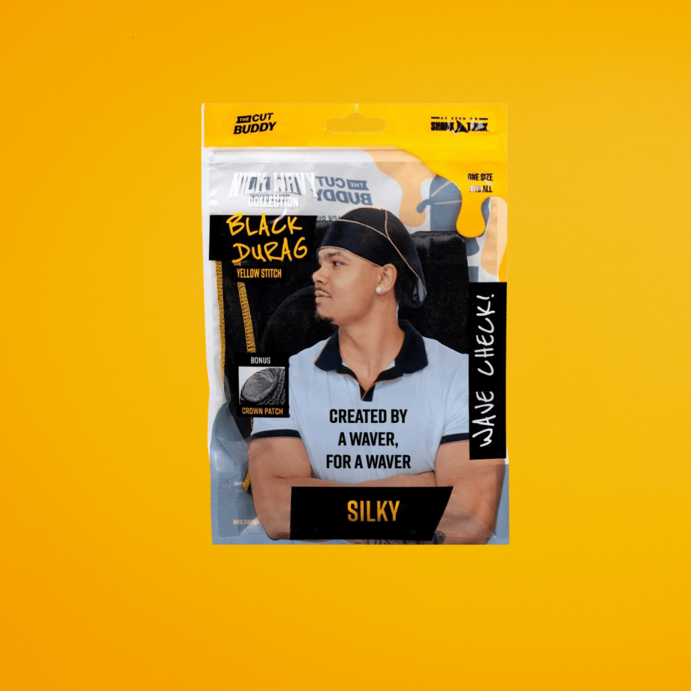 Nick Wavy Collection - Satin Durag (Black Body / Yellow Stitch) - The Cut Buddy - The Cut Buddy
