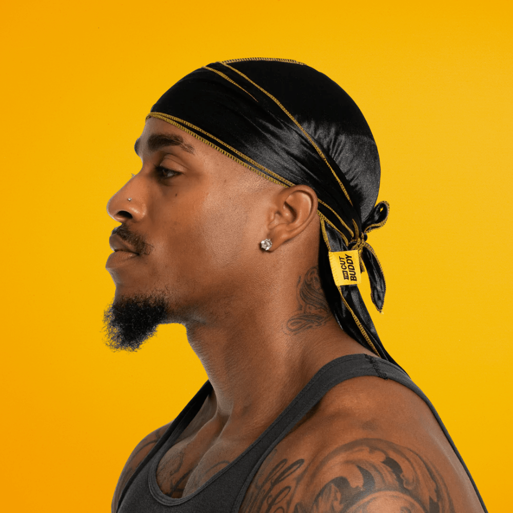 Nick Wavy Collection - Satin Durag (Black Body / Yellow Stitch) - The Cut Buddy - The Cut Buddy
