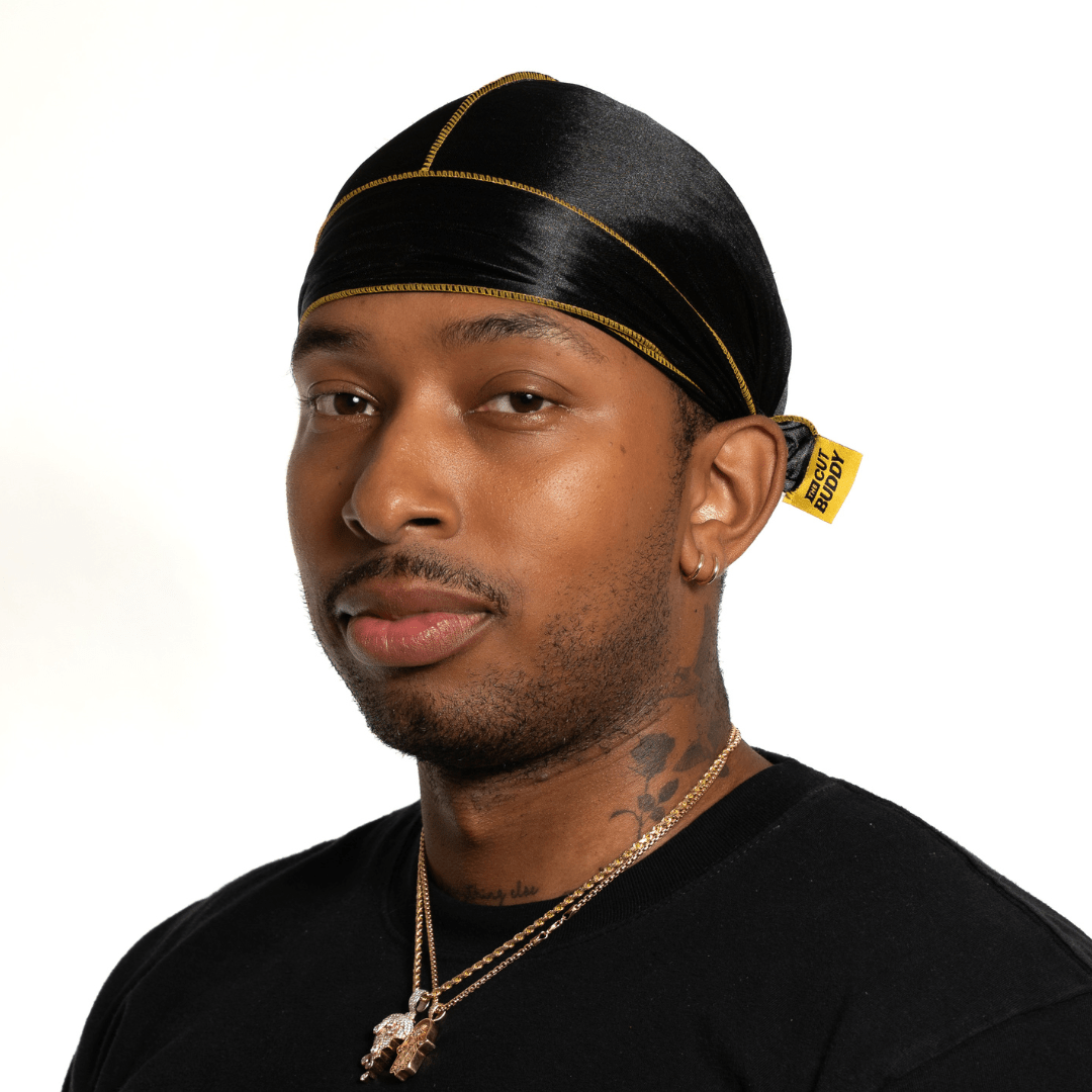 Nick Wavy Collection - Satin Durag (Black Body / Yellow Stitch) - The Cut Buddy - The Cut Buddy