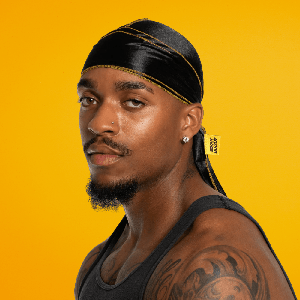 Nick Wavy Collection - Satin Durag (Black Body / Yellow Stitch) - The Cut Buddy - The Cut Buddy