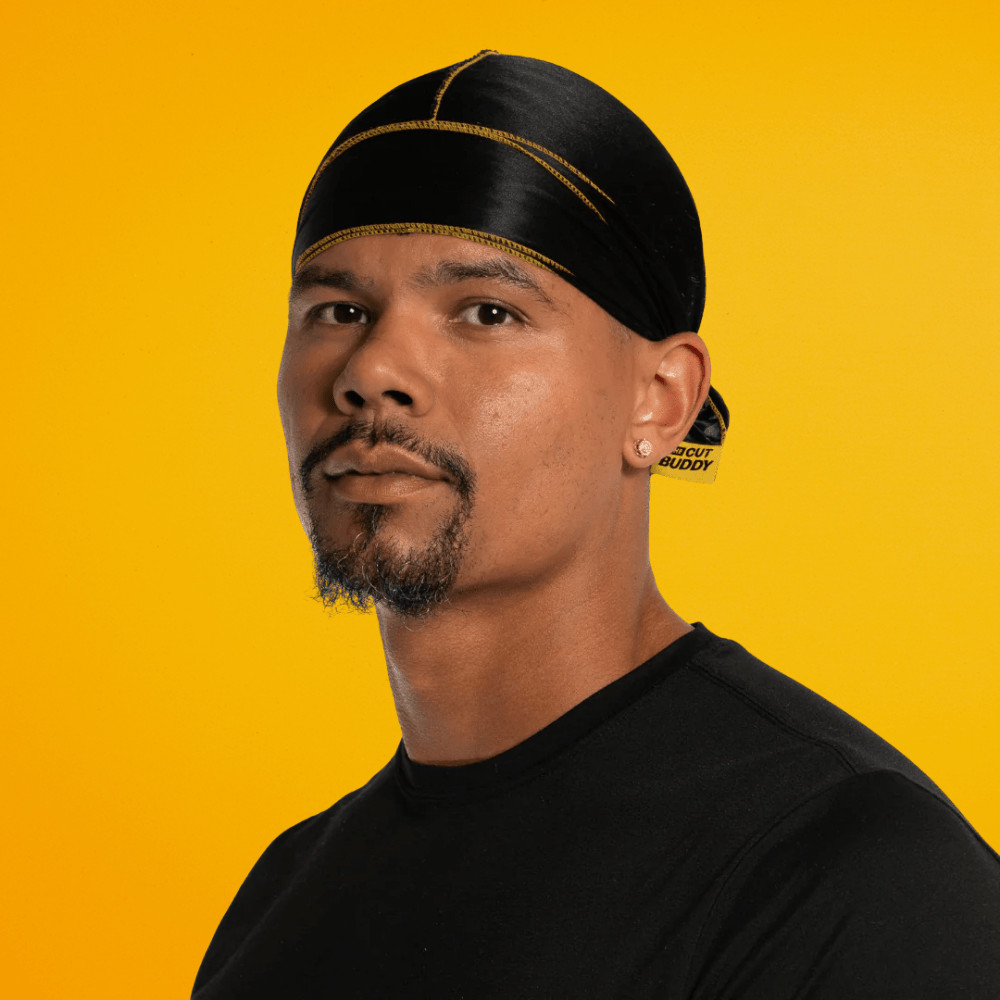 Nick Wavy Collection - Satin Durag (Black Body / Yellow Stitch) - The Cut Buddy - The Cut Buddy