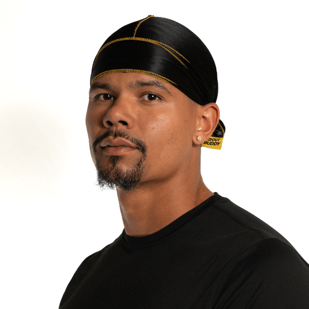 Nick Wavy Collection - Satin Durag (Black Body / Yellow Stitch) - The Cut Buddy - The Cut Buddy