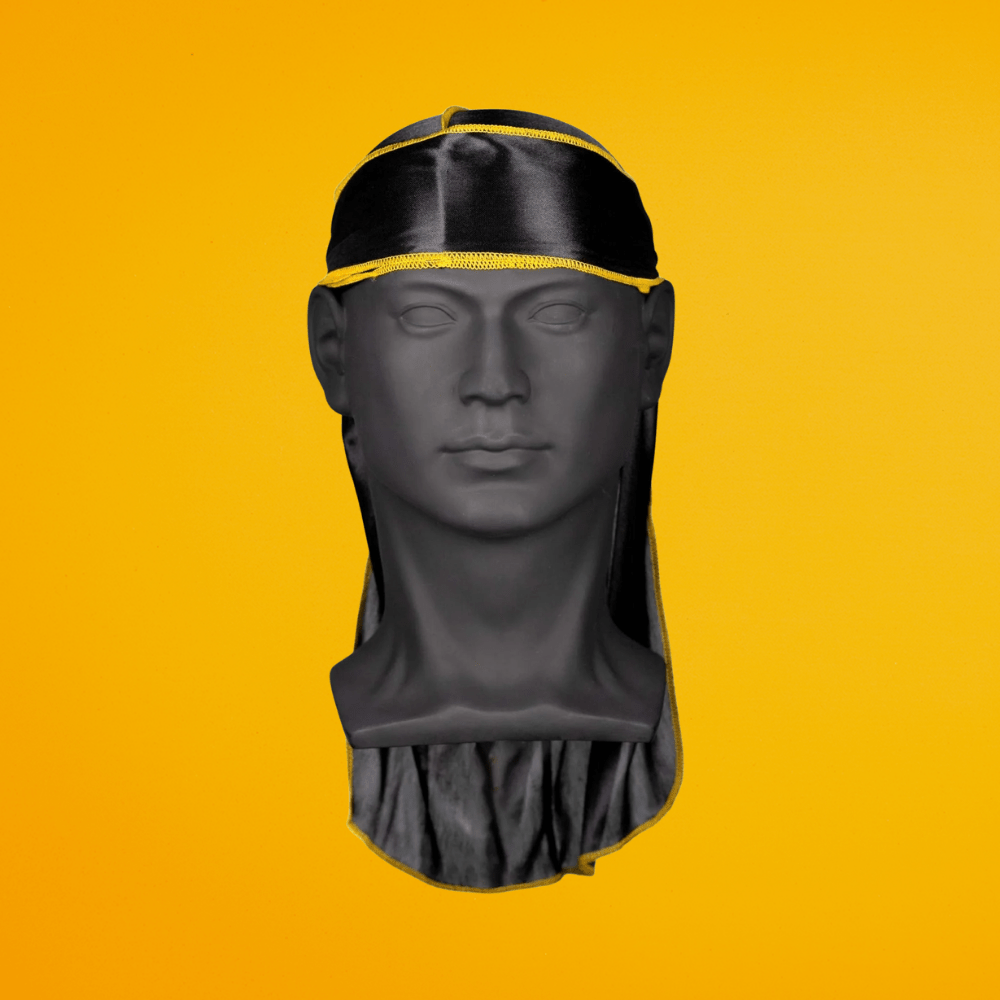 Nick Wavy Collection - Satin Durag (Black Body / Yellow Stitch) - The Cut Buddy - The Cut Buddy