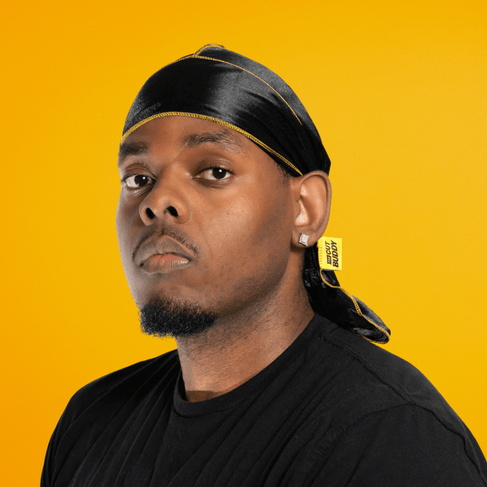 Nick Wavy Collection - Satin Durag (Black Body / Yellow Stitch) - The Cut Buddy - The Cut Buddy